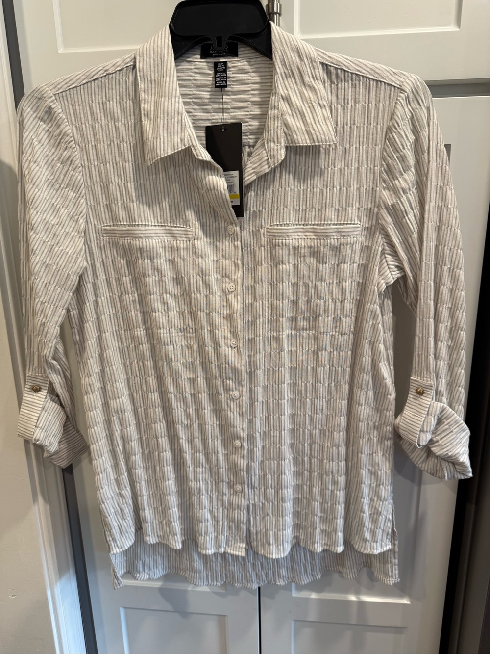 Jones New York Cream and Tan Striped Button-Down Shirt Size Medium New With Tags